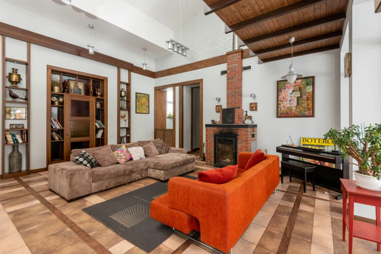 a living room filled with furniture and a piano, by Alexander Fedosav, pexels contest winner, maximalism, arrendajo in avila pinewood, open plan, thumbnail, studio orange