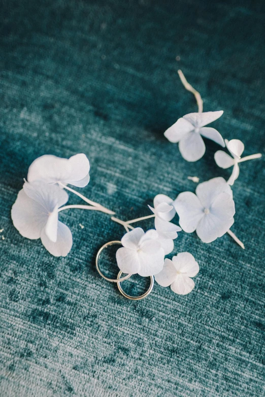 a pair of wedding rings sitting on top of a blue cloth, by Sara Saftleven, orchid made of mother of pearl, featuring rhodium wires, hydrangea, rinko kawauchi