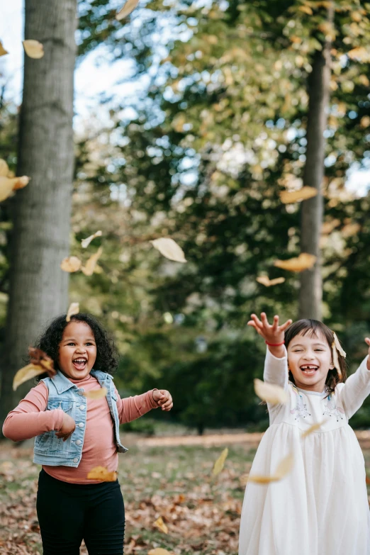 two little girls throwing leaves in the air, pexels contest winner, sydney park, both laughing, subtle detailing, cardboard