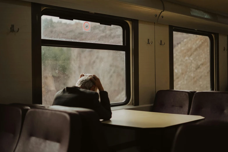 a man sitting at a table looking out a train window, by Emma Andijewska, unsplash contest winner, devastated, headspace, youtube thumbnail, paul barson