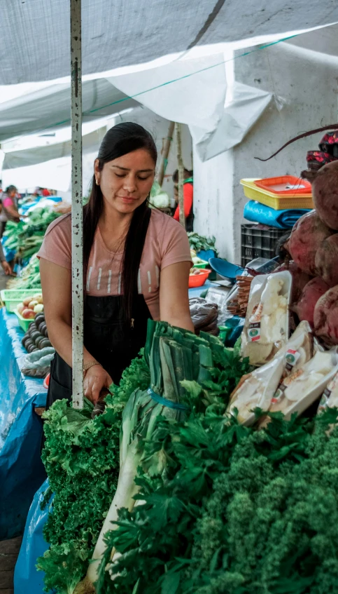 a woman standing in front of a bunch of vegetables, by Alejandro Obregón, pexels contest winner, busy market, lettuce, alanis guillen, thumbnail