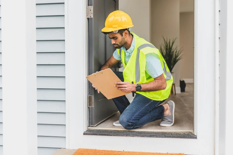 a man in a hard hat and safety vest holding a clipboard, a cartoon, by Julia Pishtar, pexels contest winner, leaning on door, people looking at a house, sitting down, athletic build