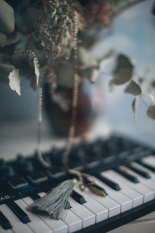 a key board sitting on top of a table, an album cover, inspired by Elsa Bleda, trending on pexels, aestheticism, flowers, silver，ivory, organs, dreamy soft