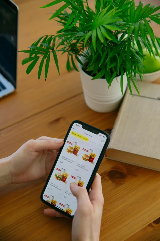 a person sitting at a table with a laptop and cell phone, mcdonalds wrapper on table, plants, thumbnail, corporate phone app icon