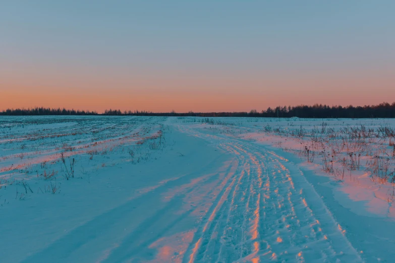 a snow covered field with tracks in the snow, an album cover, pexels contest winner, pink sunset hue, petrol aesthetic, wide screenshot, cold blue colors