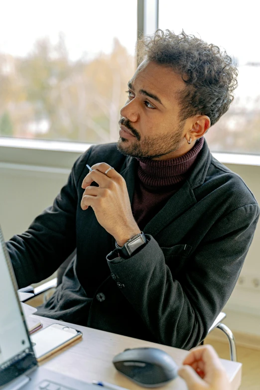 a man sitting in front of a laptop computer, pexels contest winner, renaissance, wearing a turtleneck and jacket, professional profile picture, pondering, office clothes