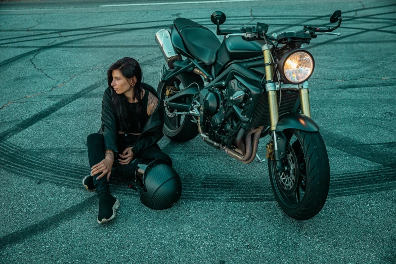 a woman sitting on the ground next to a motorcycle, by Drew Tucker, pexels contest winner, androgynous male, avatar image, portrait of tifa lockhart, roadster