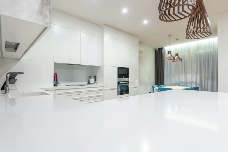 the kitchen is clean and ready for us to use, a 3D render, pexels contest winner, minimalism, vibrant lights, fancy apartment, white minimalist architecture, masterpiece w 1024