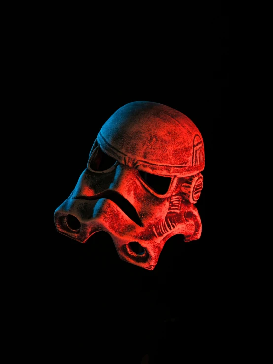 a helmet is lit up in the dark, by Adam Marczyński, digital art, star wars imperial style, high resolution print :1 red, selective color effect, red cloud light