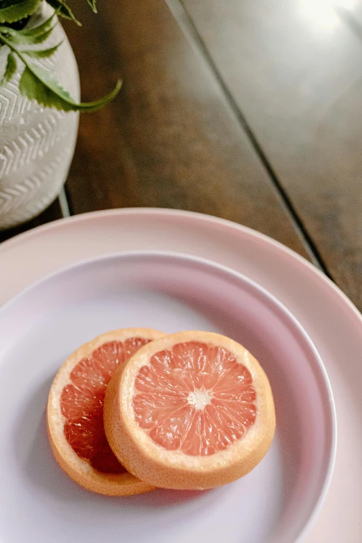 two slices of grapefruit on a white plate, a still life, unsplash, pastel pink skin tone, fine china, having a snack, f / 2 0