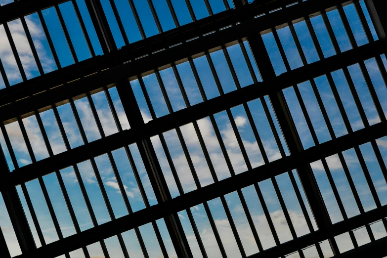 a silhouette of a person standing in front of a window, by Jan Rustem, sky made of ceiling panels, cell bars, clear blue skies, national archives