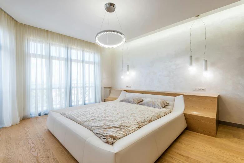 a bed sitting in a bedroom next to a window, by Alexander Fedosav, light and space, neo kyiv, beige, white pearlescent, rostov