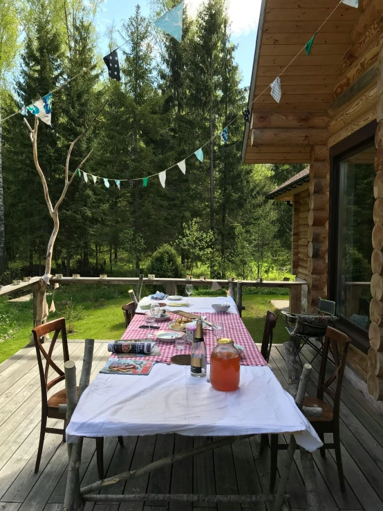 a long table sitting on top of a wooden deck, by Else Alfelt, cabin in the woods, barbecue, having fun in the sun, low quality photo