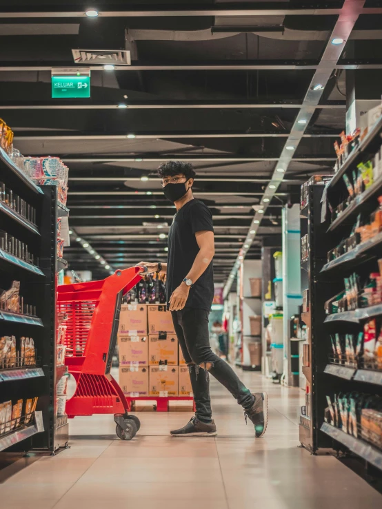 a man in a mask pushing a shopping cart through a store aisle, pexels contest winner, full body model, pixelated, mid-shot of a hunky, influencer