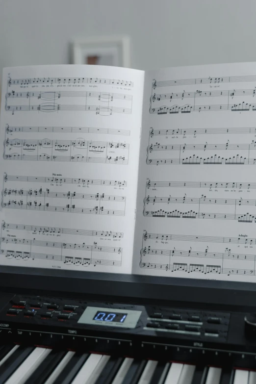 a piano with sheet music sitting on top of it, by Robert Medley, close up to the screen, computer, multi-part, textbook page