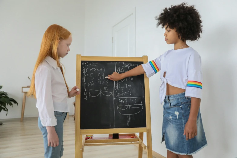 two young girls standing in front of a blackboard, pexels, 1 4 9 3, charli bowater and artgeem, 1 2 9 7, standing on a desk