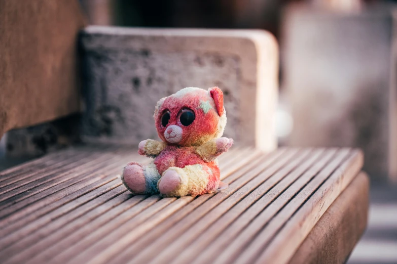 a teddy bear sitting on top of a wooden bench, by Elsa Bleda, unsplash, pink and red colors, children's toy, battered, multicoloured