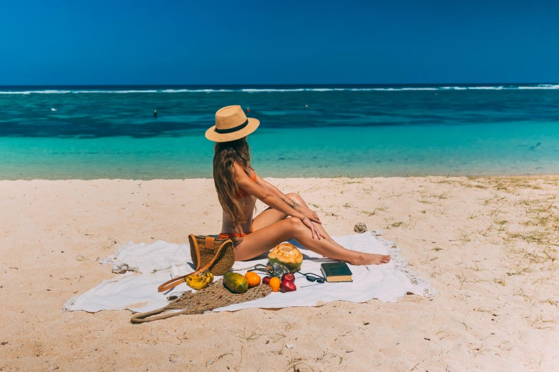 a woman sitting on a towel on the beach, pexels contest winner, snacks, great barrier reef, tan skin, picnic