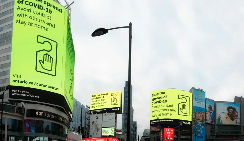 a city street filled with lots of traffic and tall buildings, poster art, unsplash, conceptual art, green neon signs, coronavirus, toronto, square