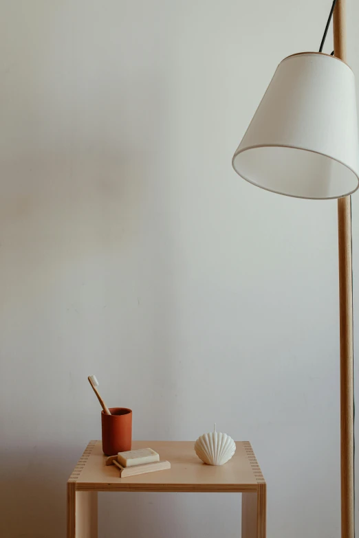 a lamp sitting on top of a wooden table, a minimalist painting, inspired by Constantin Hansen, pexels contest winner, terracotta, long trunk holding a wand, set against a white background, morning detail