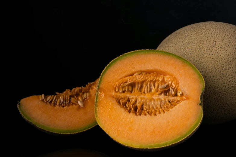 a close up of a cantaloupe cut in half, a still life, by Matthias Stom, unsplash, hyperrealism, with a black background, 王琛, high quality product photo, (light orange mist)