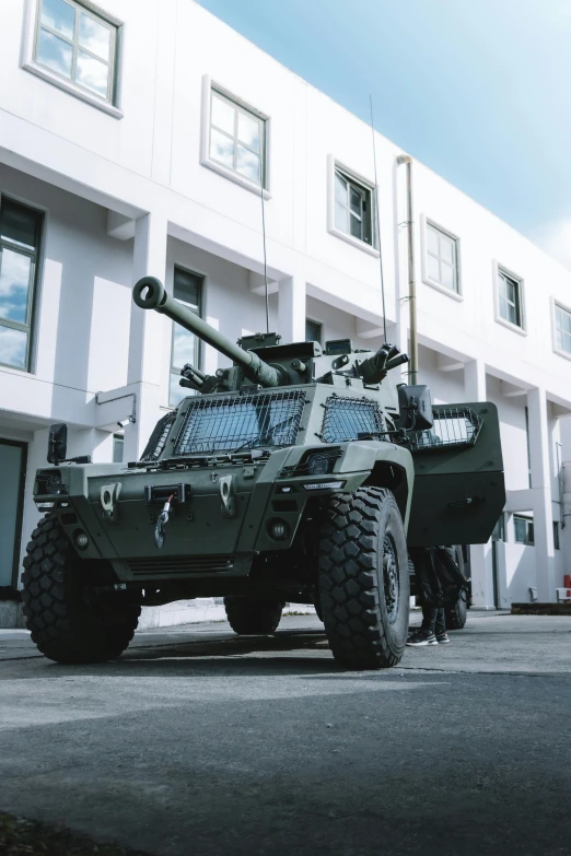 a military vehicle parked in front of a building, unsplash, renaissance, full body armor, malaysian, square, without text