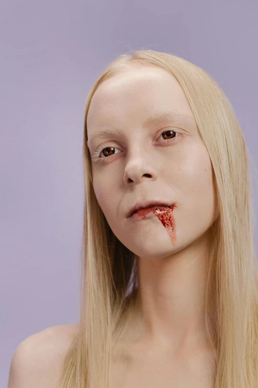 a woman with blood all over her face, an album cover, inspired by Ignacy Witkiewicz, reddit, hyperrealism, albino, an alien. angled jaw, non binary model, l vampire