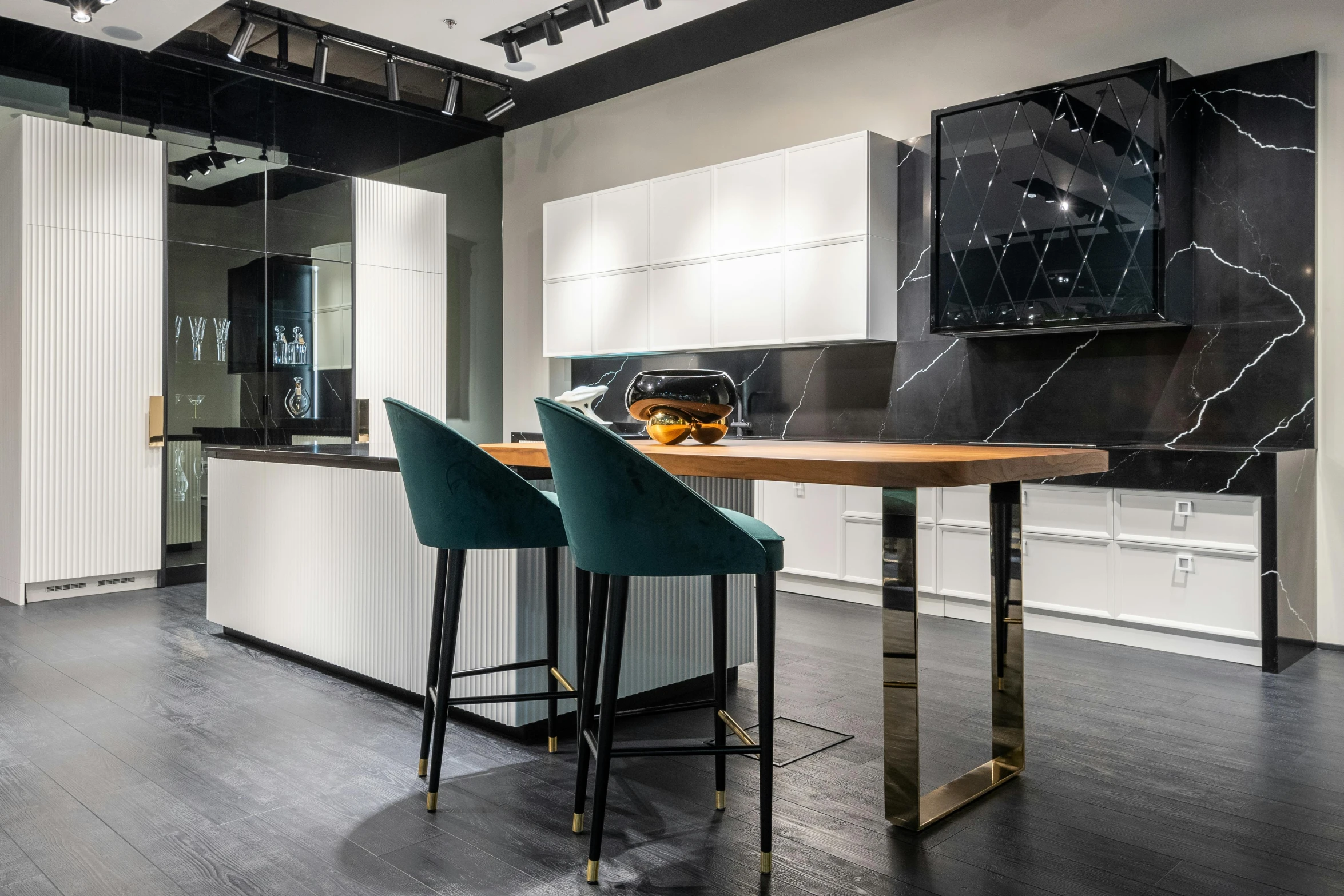 a kitchen with a marble counter top and bar stools, inspired by Patrick Pietropoli, unsplash, baroque, dezeen showroom, chef table, voge photo, thumbnail