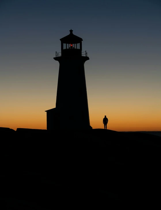 a person standing in front of a lighthouse at sunset, dark. no text, by greg rutkowski, fine art photograph, light