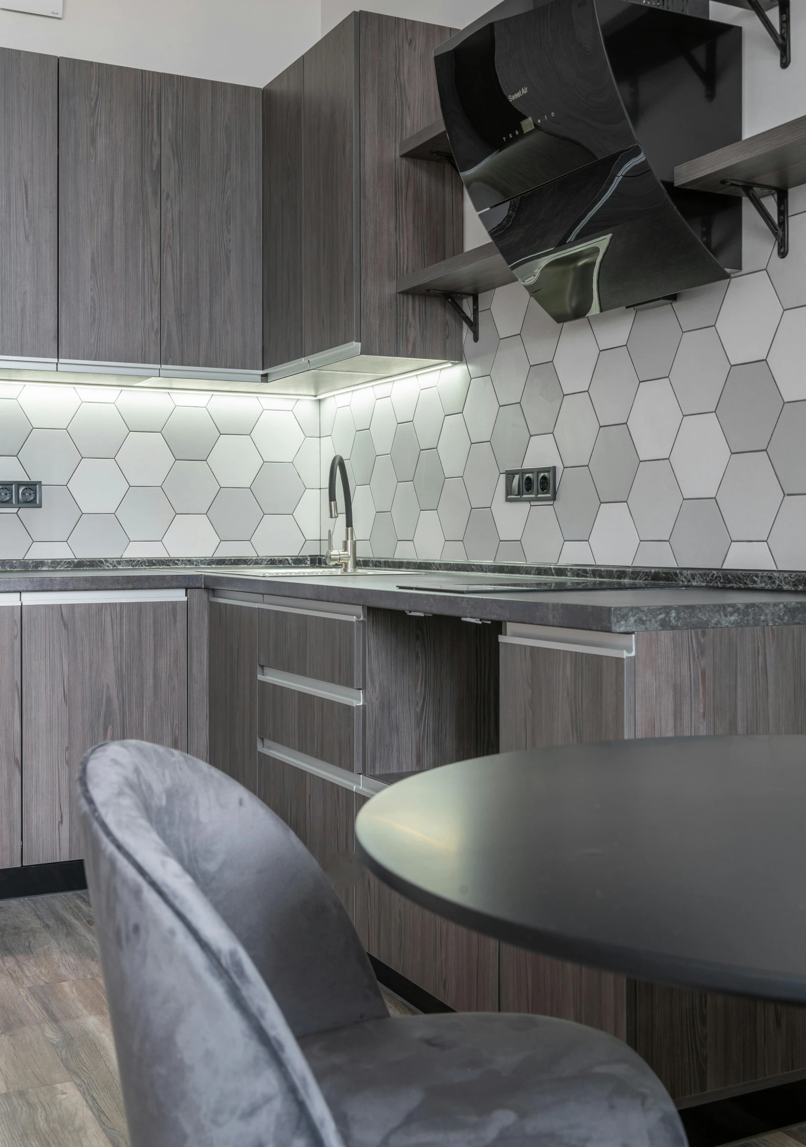 a kitchen with a table and chairs in it, by Daarken, hexagonal stones, thumbnail, neo kyiv, panels