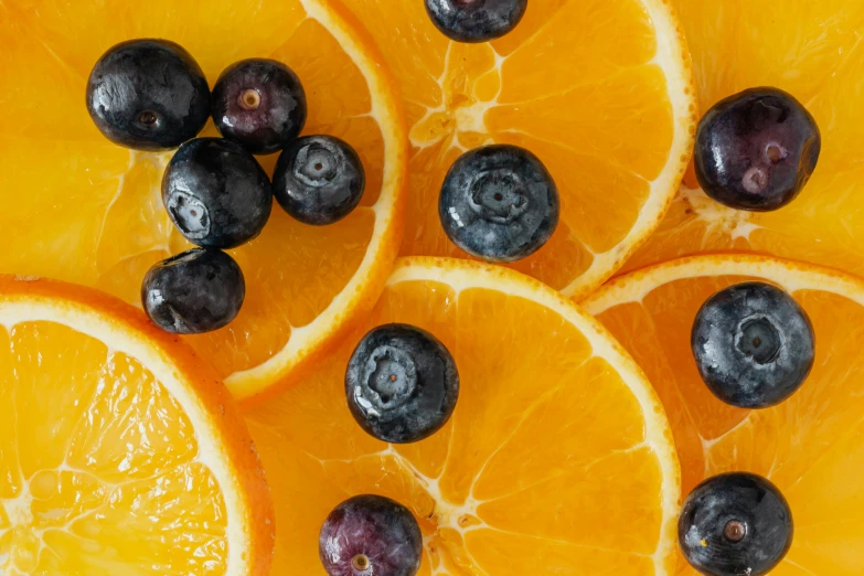 a close up of orange slices and blueberries, 🦩🪐🐞👩🏻🦳, background image, 6 pack, breakfast