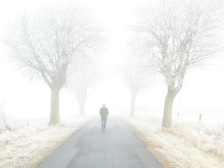 a person walking down a road on a foggy day, inspired by Caspar David Friedrich, pexels contest winner, white, winter photograph, heartbreak, colour photograph