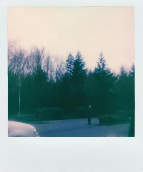 a person standing in the middle of a parking lot, a polaroid photo, inspired by Elsa Bleda, unsplash, forest in the distance, pale beige sky, in muted colours, bushes in the background