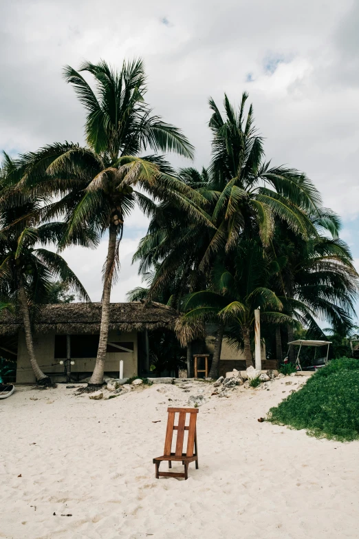 a wooden chair sitting on top of a sandy beach, palm trees outside the windows, makeshift houses, mayan style, trending on vsco