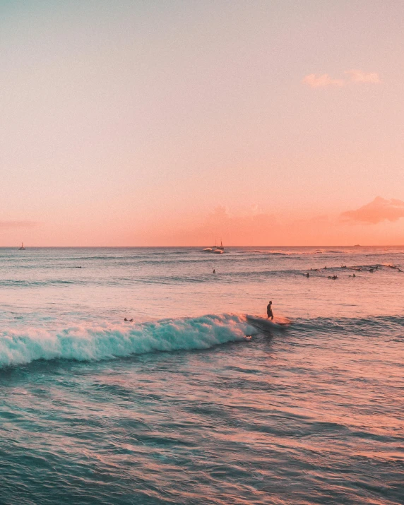 a person riding a wave on top of a surfboard, pexels contest winner, renaissance, pink sunset hue, waikiki beach, wall of water either side, distant photo