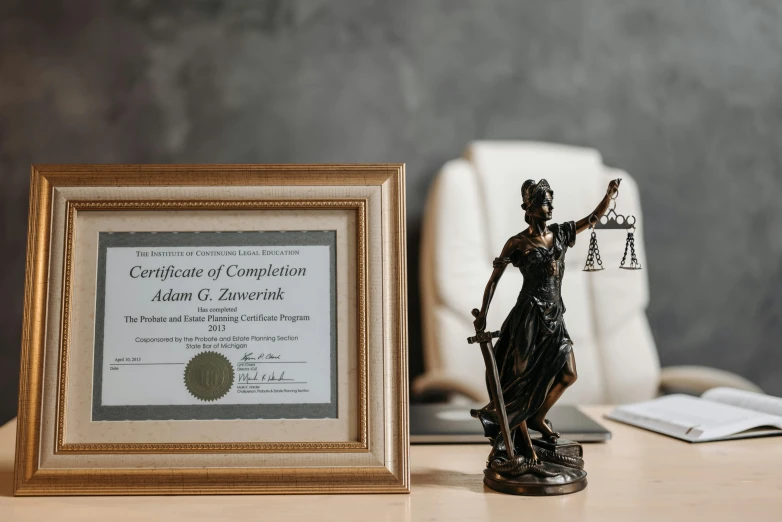 a statue of a lady justice holding a scale, a statue, by Matthias Stom, pexels contest winner, figuration libre, in office, framing, alexey gurylev, signed