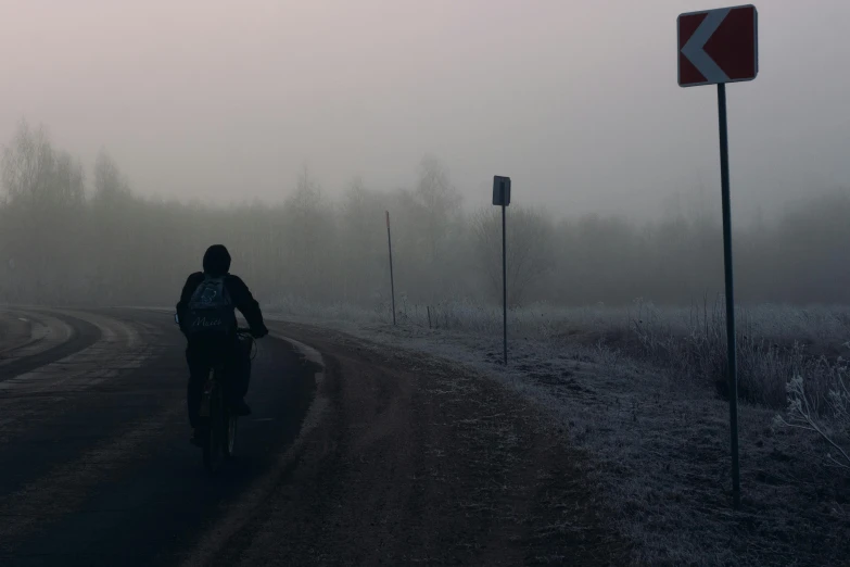 a person riding a motorcycle on a foggy road, beksinki, cycling!!, grey, harsh light