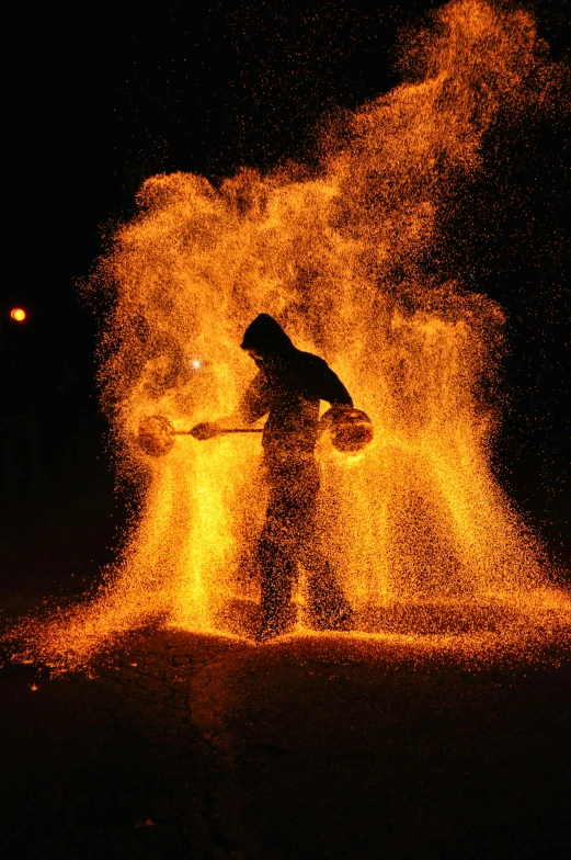 a man standing next to a fire hydrant at night, by Shen Quan, process art, casting a flame spell, sichuan, made of lava, avatar image