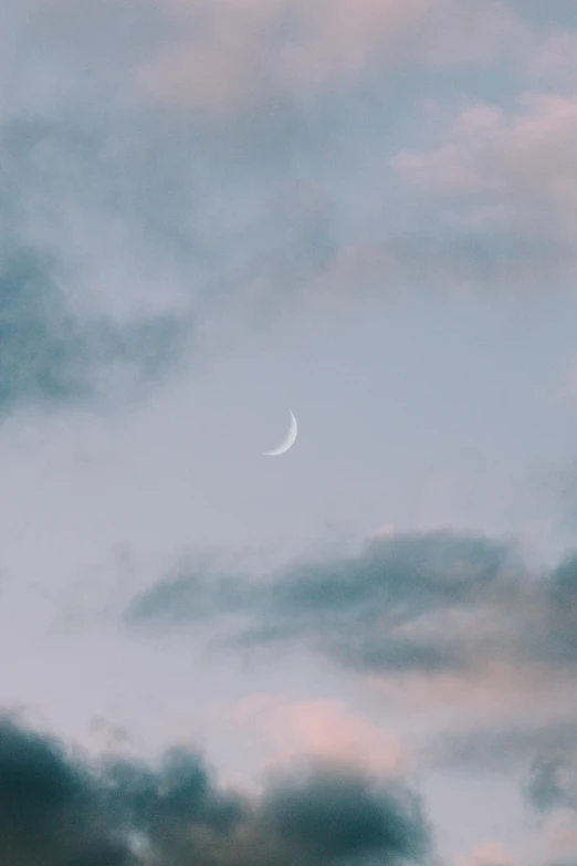 a plane flying through a cloudy sky with the moon in the background, a picture, trending on unsplash, aestheticism, pastel palette silhouette, crescent moon, wallpaper aesthetic, major arcana sky