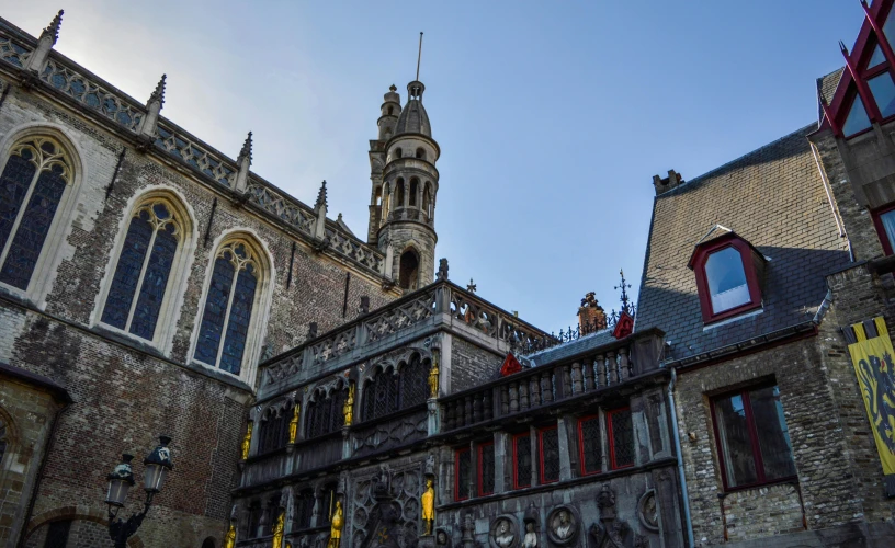 an old building with a clock tower in the background, by Jan Tengnagel, pexels contest winner, baroque, ornate gothic armor, payne's grey and venetian red, flanders, square