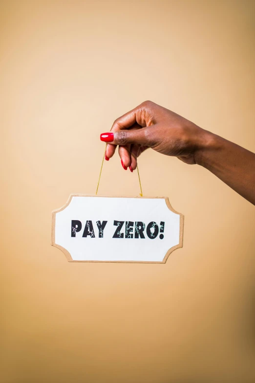 a hand holding a sign that says pay zero, pexels, zulu, hanging, hero shot, no - text no - logo