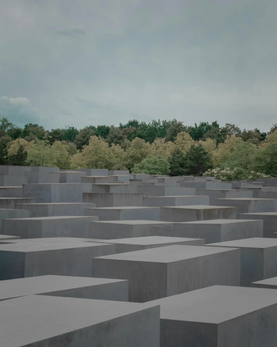 a field of concrete blocks with trees in the background, by Matija Jama, trending on unsplash, concrete art, statue of angela merkel, lgbtq, 400 steps, ignant