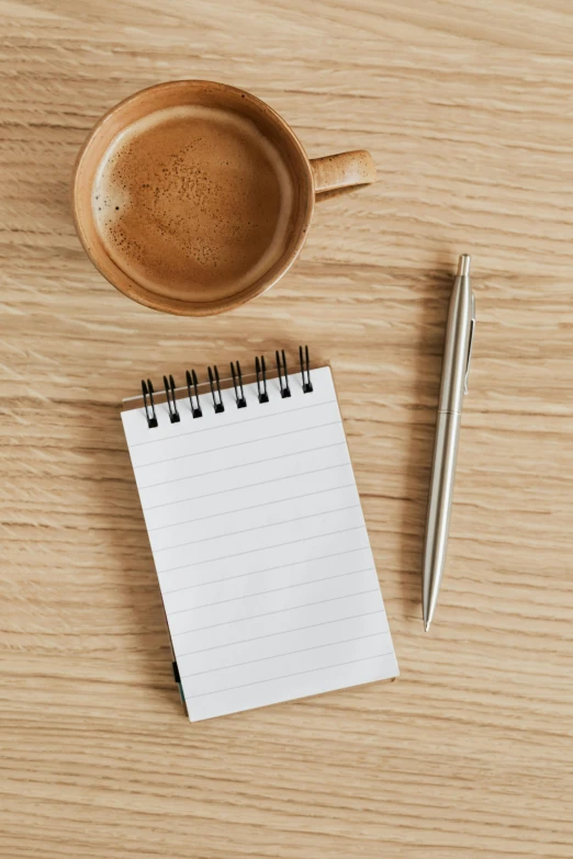 a cup of coffee and a notepad on a wooden table, pexels, happening, thumbnail, instagram story, no - text no - logo, fine pen