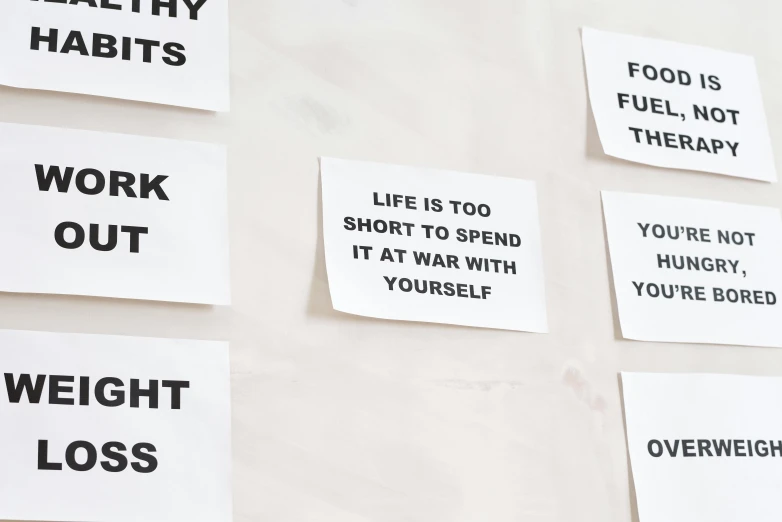 a bunch of signs that are on a wall, by Nina Hamnett, unsplash, on a white table, anti life, thoughts, printed on paper