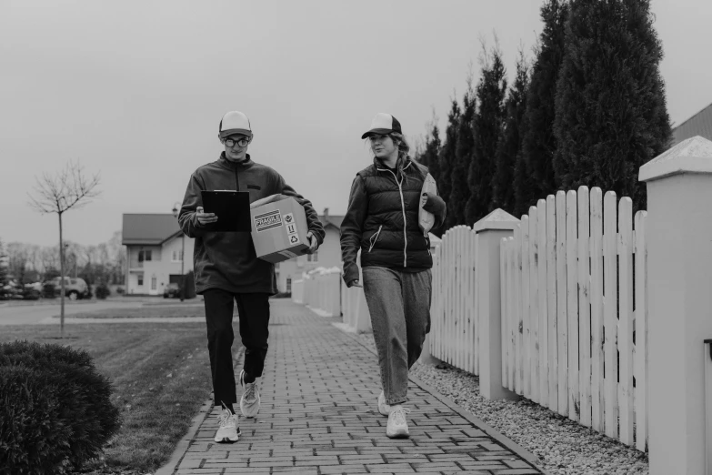 a couple of people that are walking down a sidewalk, a black and white photo, by Emma Andijewska, pexels contest winner, delivering packages for amazon, in a suburb, szekely bertalan and lotz karoly, worksafe. instagram photo