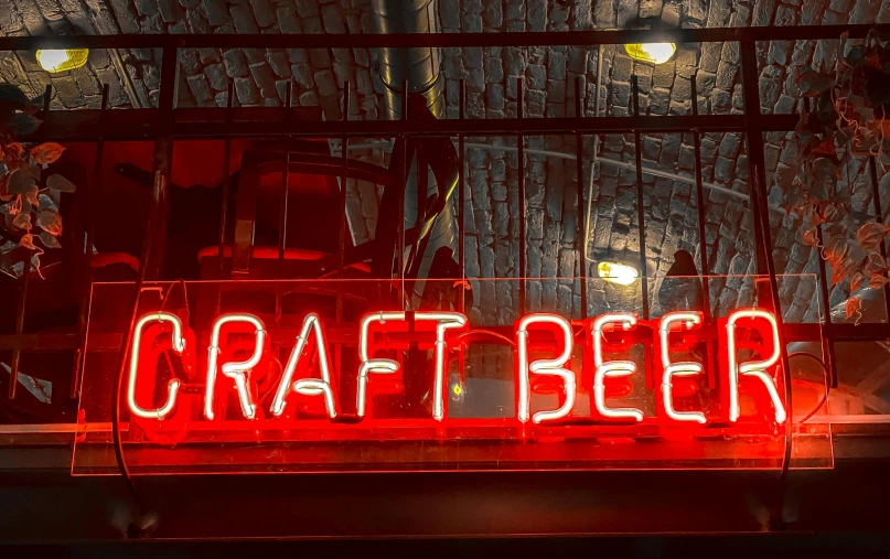 a red neon sign that says craft beer, pexels, art brut, bee, ooak, crafting, recipe