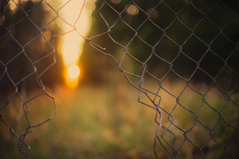 the sun is setting behind a chain link fence, pexels contest winner, conceptual art, deep bokeh, brown, field, contain