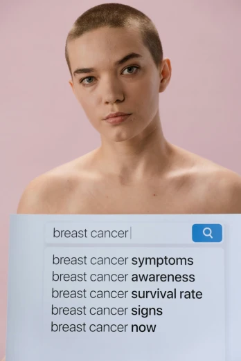 a woman holding a sign that says breast cancer symptoms breast cancer awareness breast cancer survival rate breast cancer signs now, a photo, by Matija Jama, trending on pexels, renaissance, portrait of max caulfield, photoshopped, attractive androgynous humanoid, 😭🤮 💔