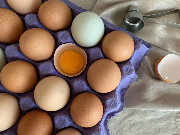 a tray of eggs sitting on top of a table, by Helen Stevenson, trending on pexels, soft pastel palette, 🦩🪐🐞👩🏻🦳, ingredients on the table, holding close