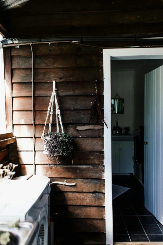 a white sink sitting under a window next to a wooden wall, by Jessie Algie, unsplash, lush gardens hanging, bedhead, light inside the hut, brown